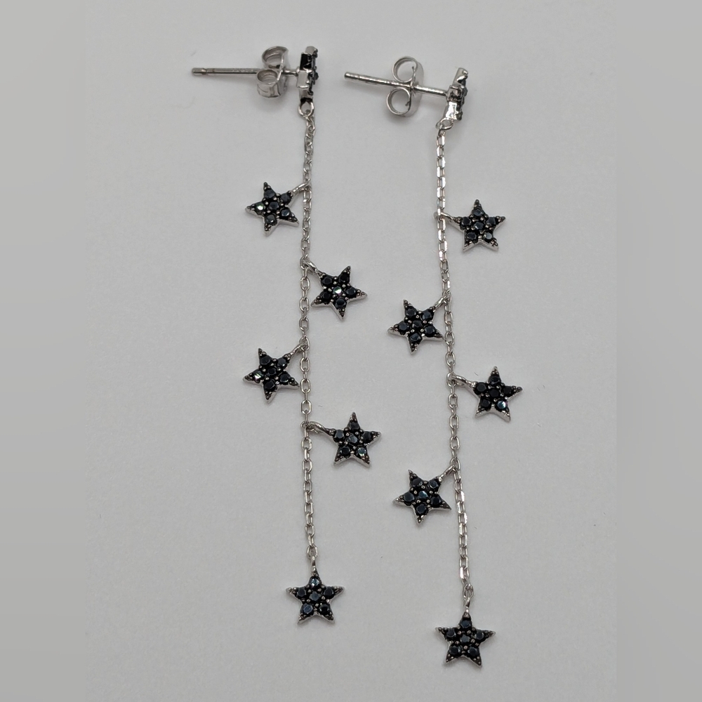 Price Drop: 6 Star Black Spinel and Sterling Silver Dangle Earrings. NWOT. Post.